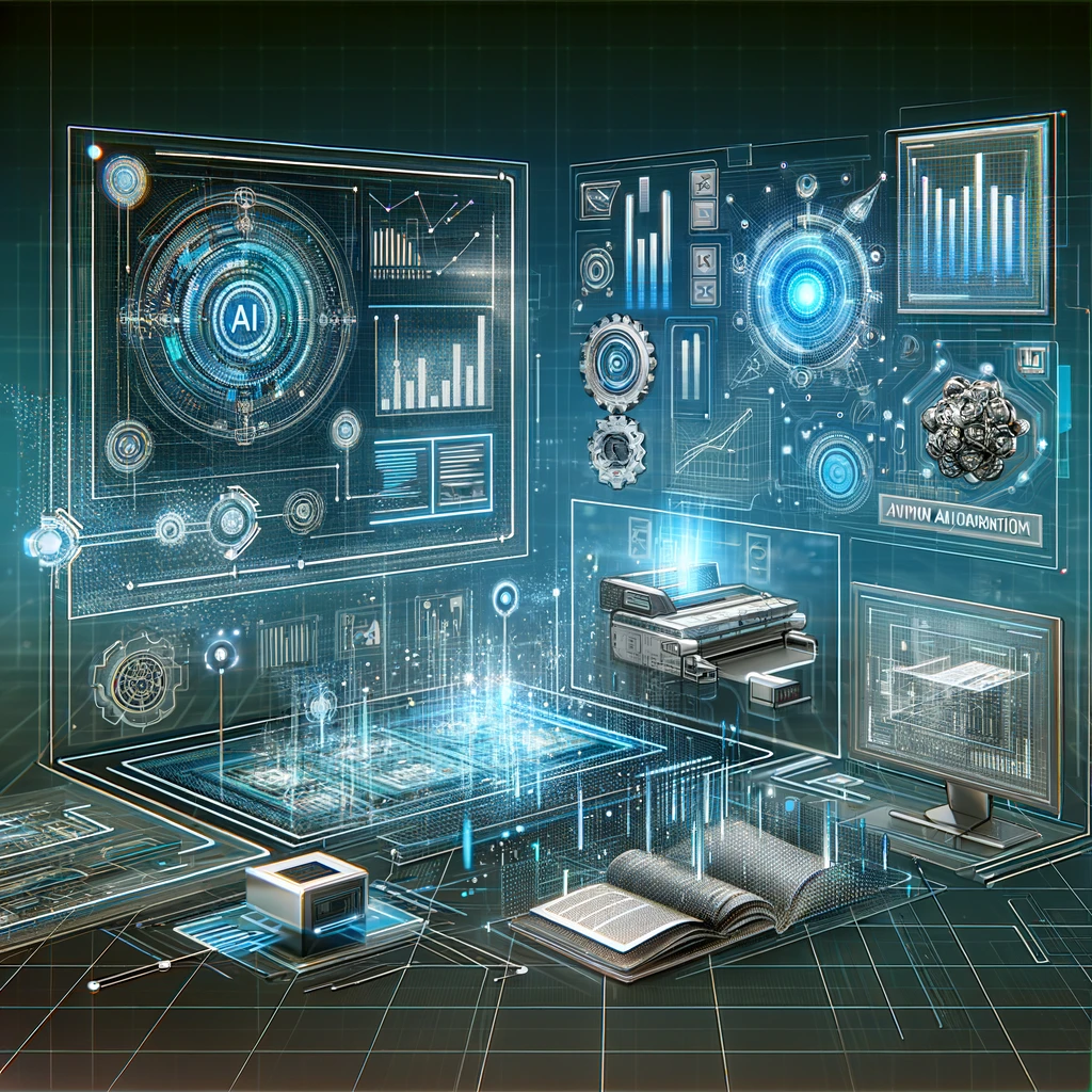 DALL·E 2024-02-08 12.16.58 - Illustration for an article about the synergy of AI, automation, and OCR in the modern workplace. The image shows an abstract, futuristic workspace wi